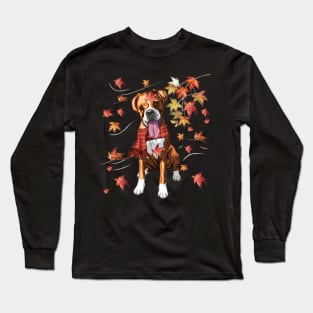 Maple Dog Leaf Fall Hello Autumn Funny Boxer Lover Long Sleeve T-Shirt